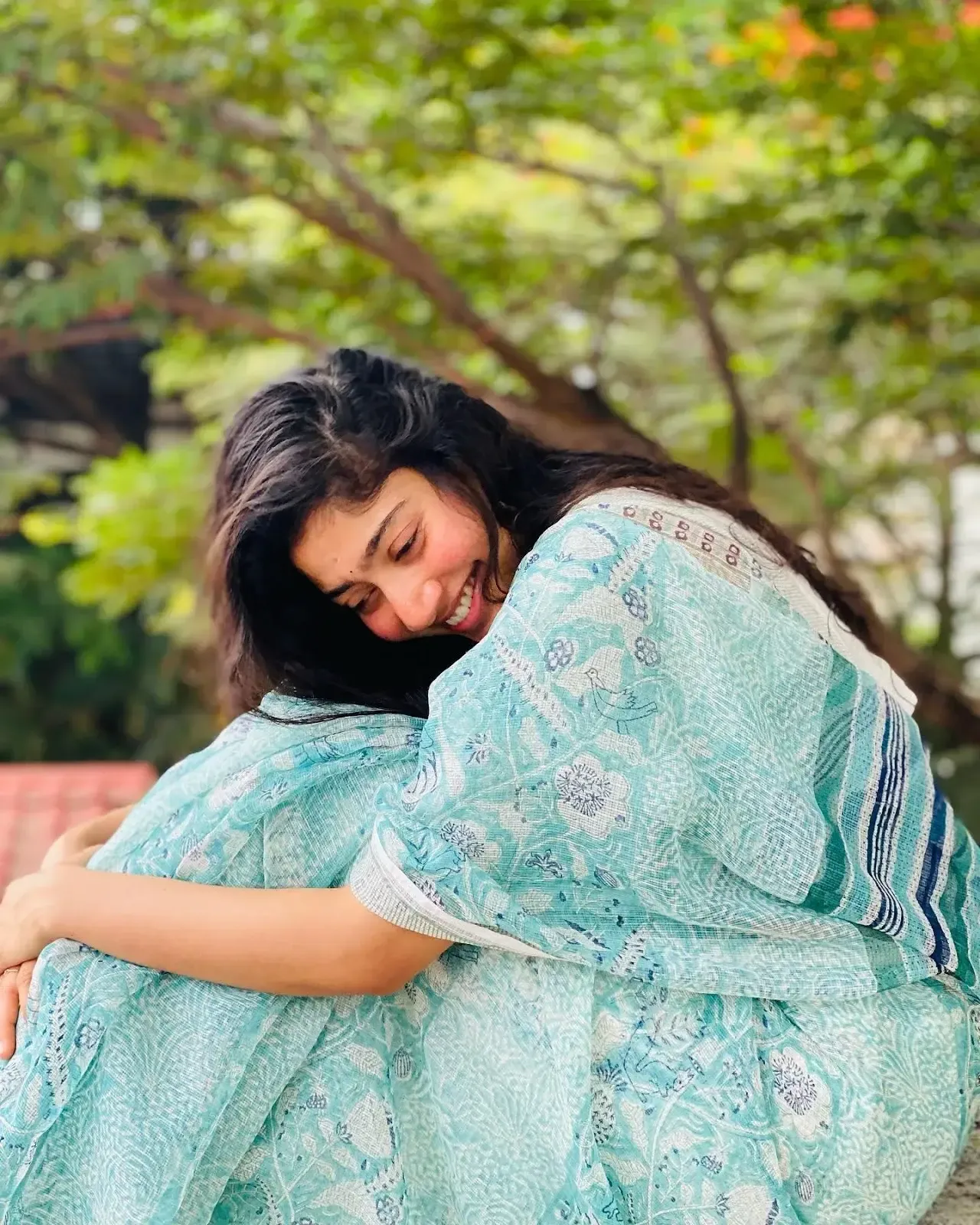 Indian Actress Sai Pallavi Smiling Face in Sleeveless Blue Saree